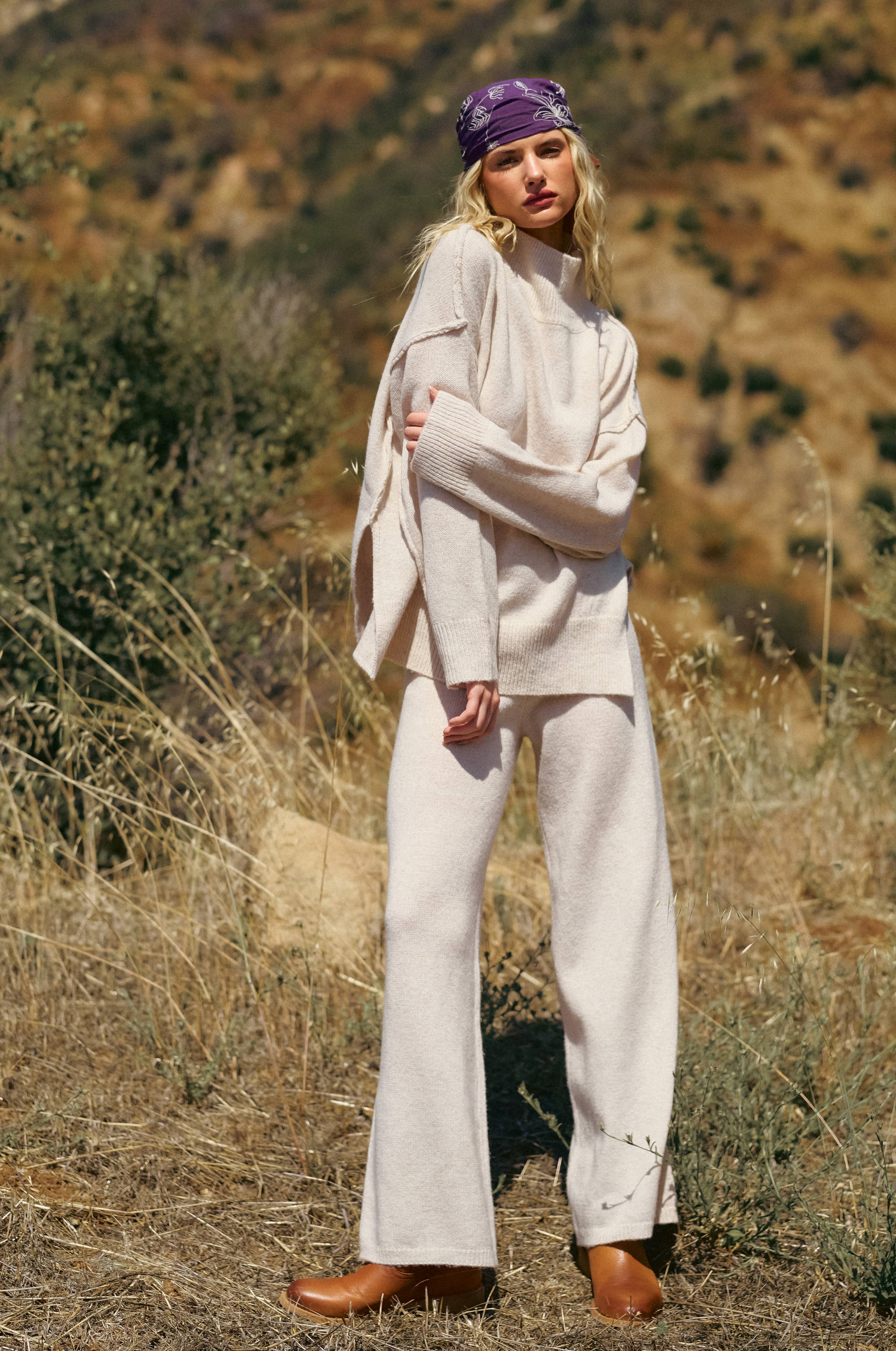 Mock Neck Side Slit Knit Sweater and Pants Set