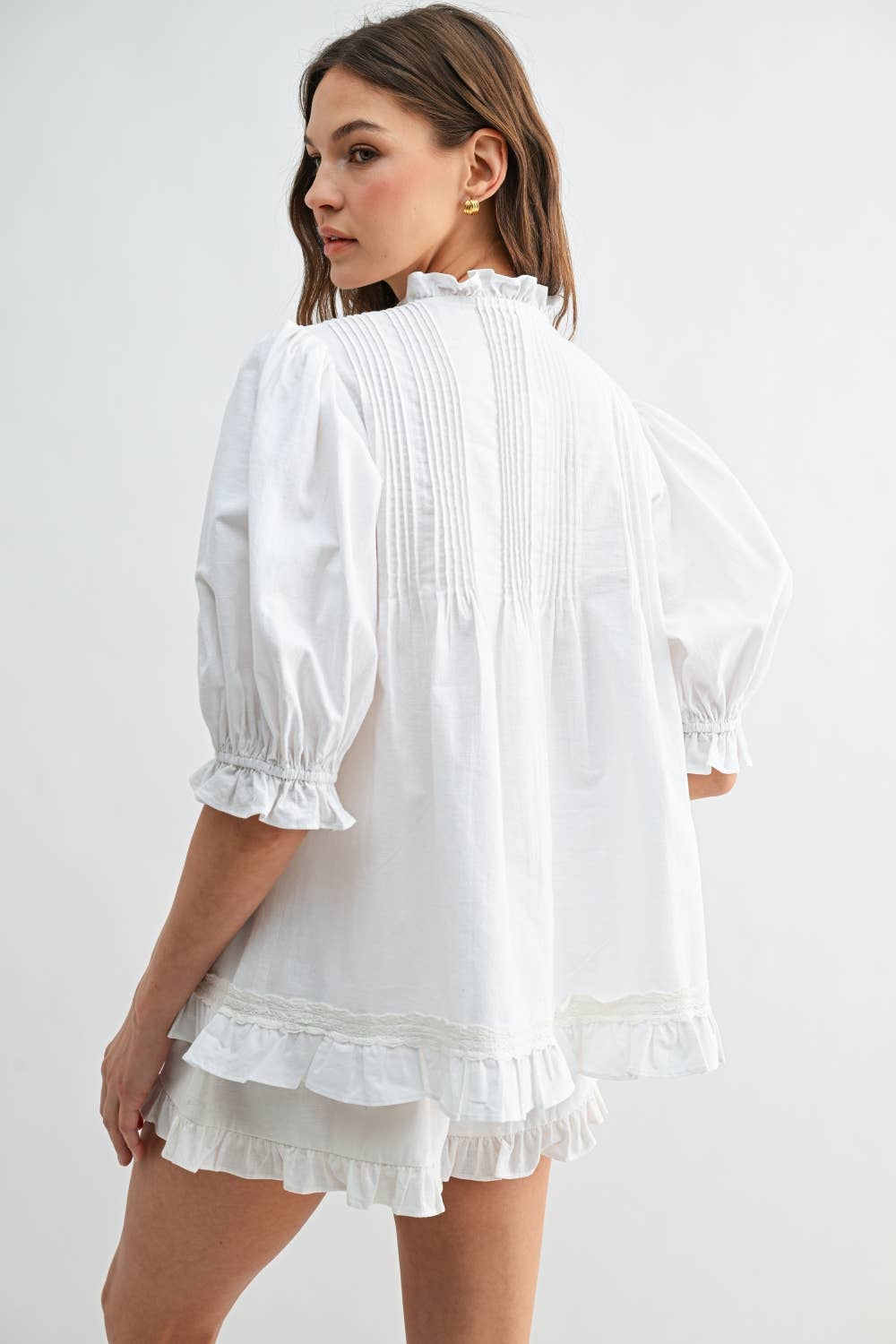 White Linen Pleated Puff Sleeve Blouse RT206
