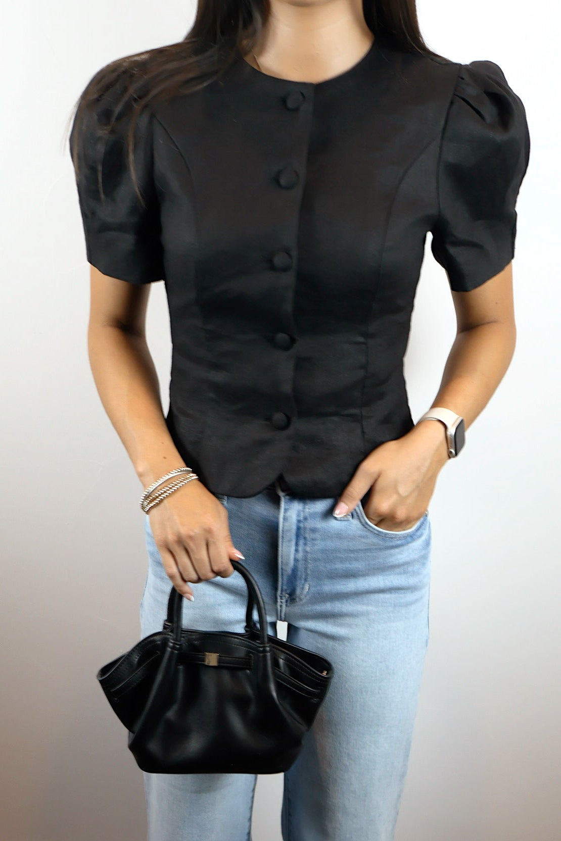 The Natalie Puff-Sleeve Button-Front Blouse - Black