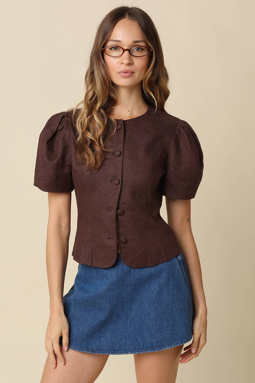 The Natalie Puff-Sleeve Button-Front Blouse - Brown