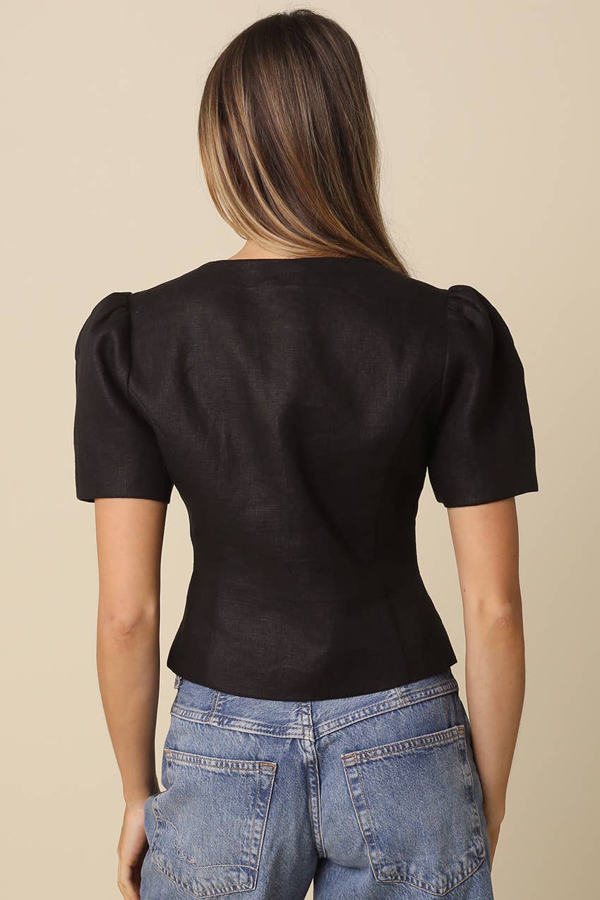 The Natalie Puff-Sleeve Button-Front Blouse - Black