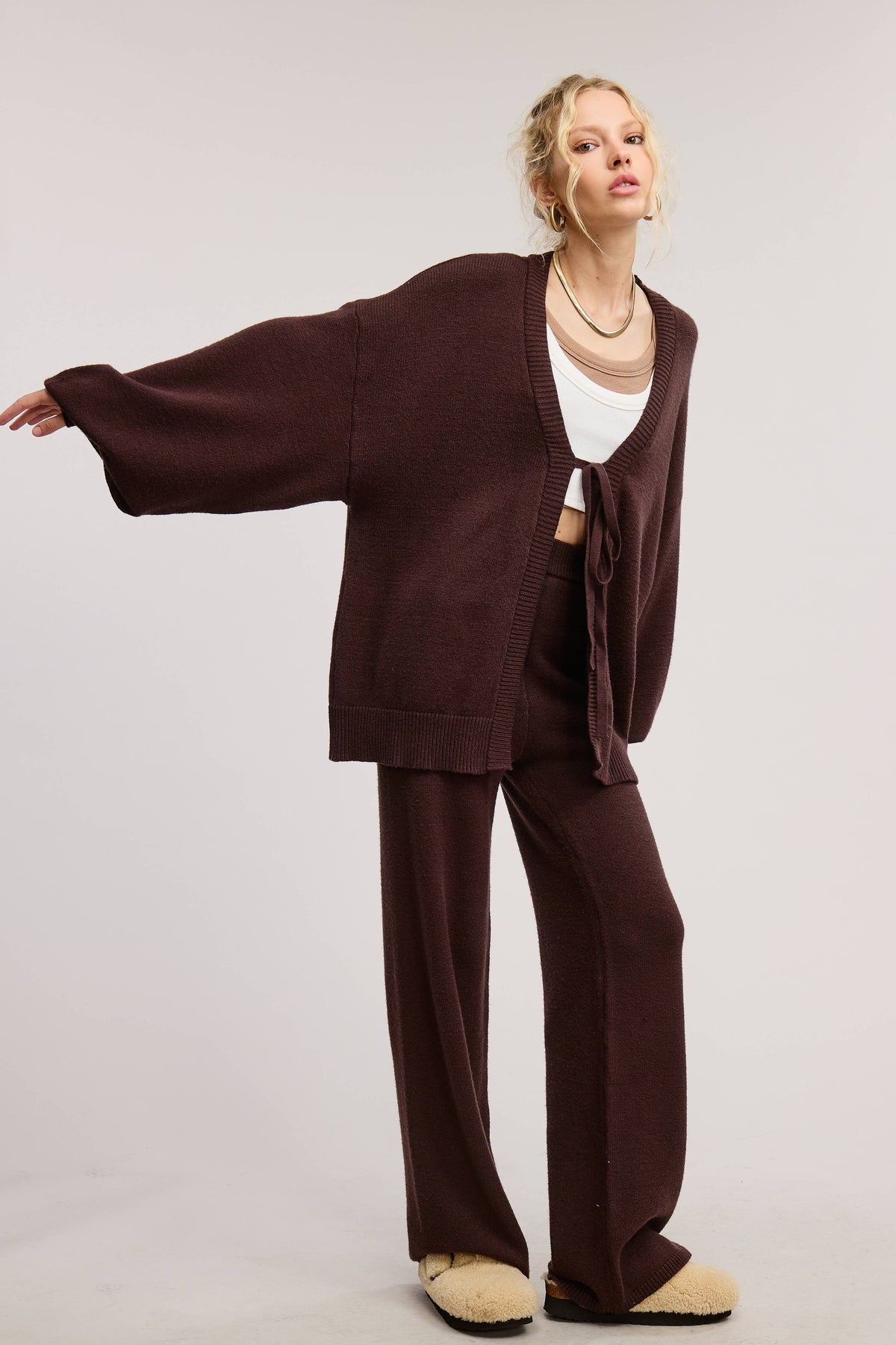 Tie Front Knit Cardigan and Pants Matching Set