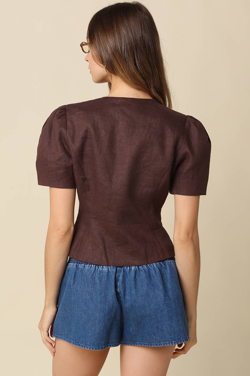 The Natalie Puff-Sleeve Button-Front Blouse - Brown