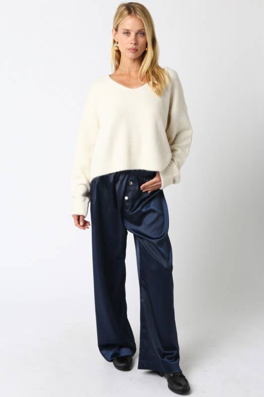 The Evelyn Satin Wide-Leg Pants - Navy