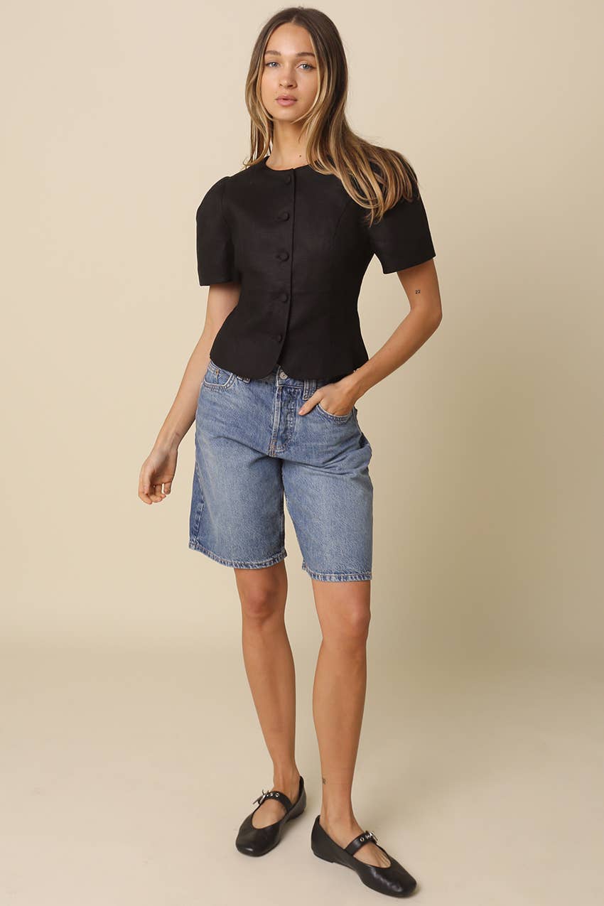 The Natalie Puff-Sleeve Button-Front Blouse - Black
