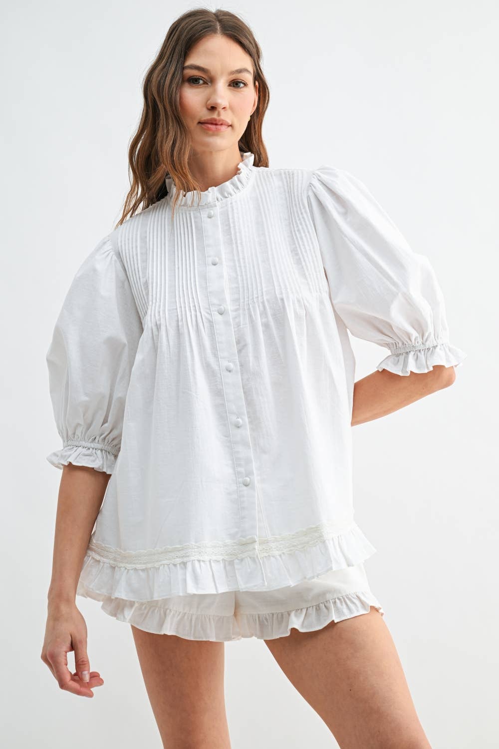White Linen Pleated Puff Sleeve Blouse RT206