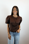 The Natalie Puff-Sleeve Button-Front Blouse - Brown