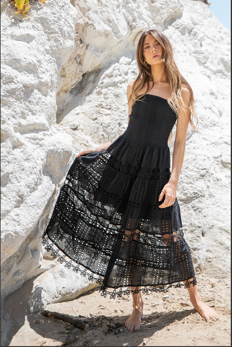 The Noelle Eyelet Midi Dress - Black