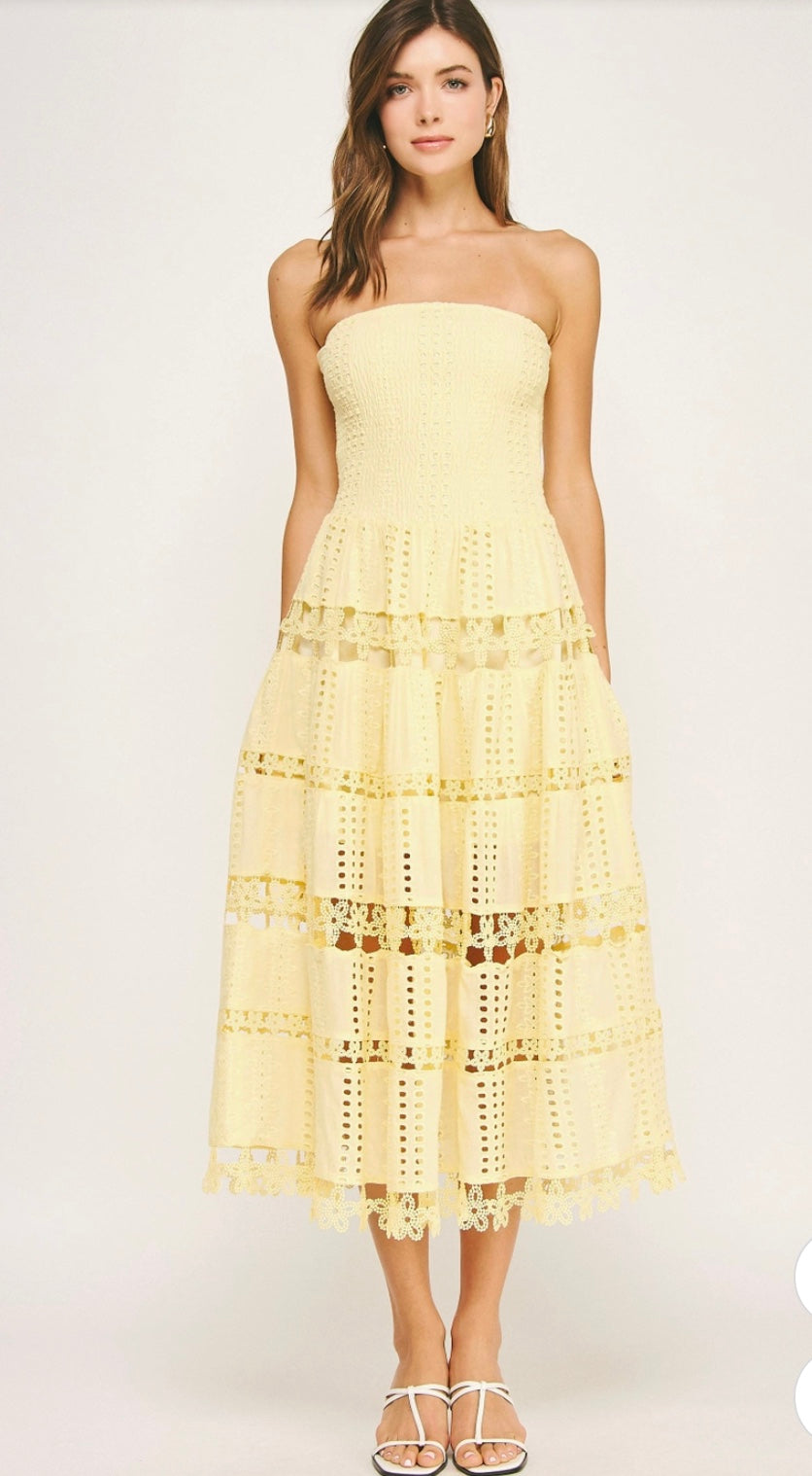The Noelle Eyelet Midi Dress - Yellow