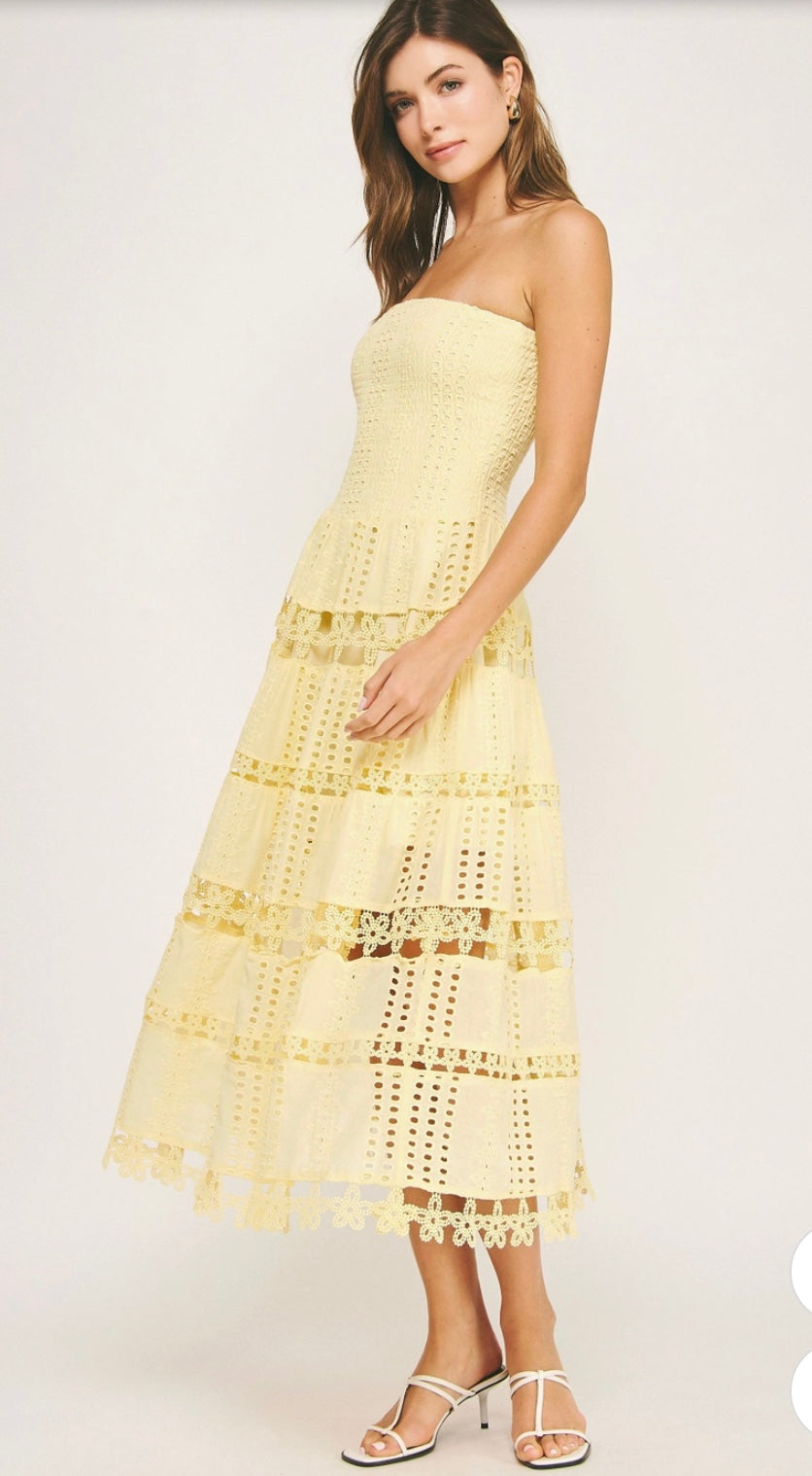 The Noelle Eyelet Midi Dress - Yellow