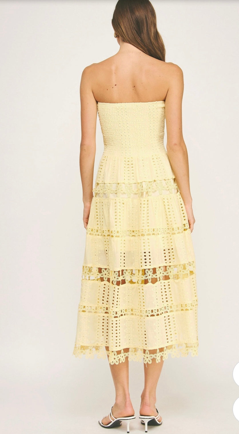 The Noelle Eyelet Midi Dress - Yellow