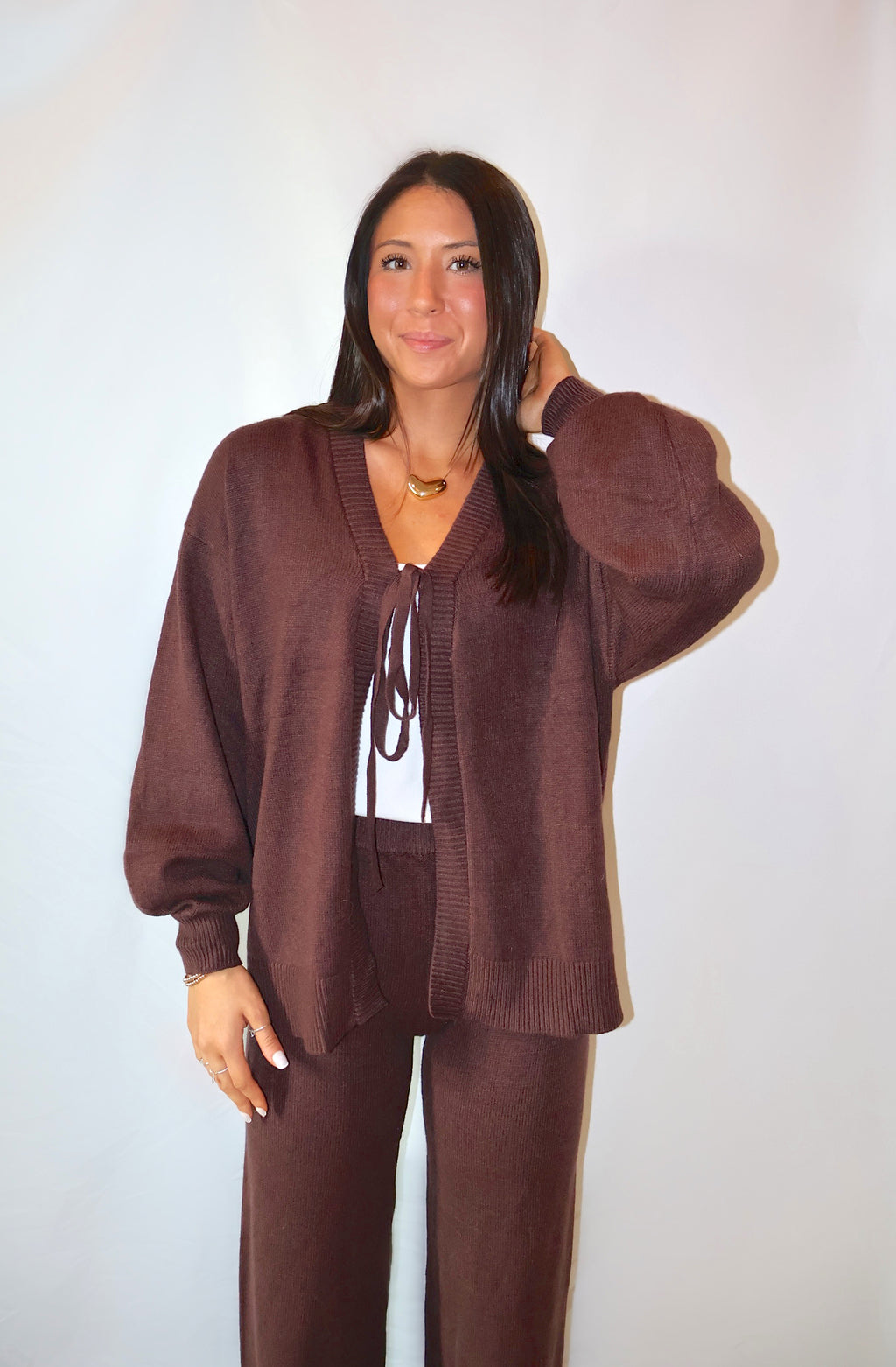 Tie Front Knit Cardigan and Pants Matching Set