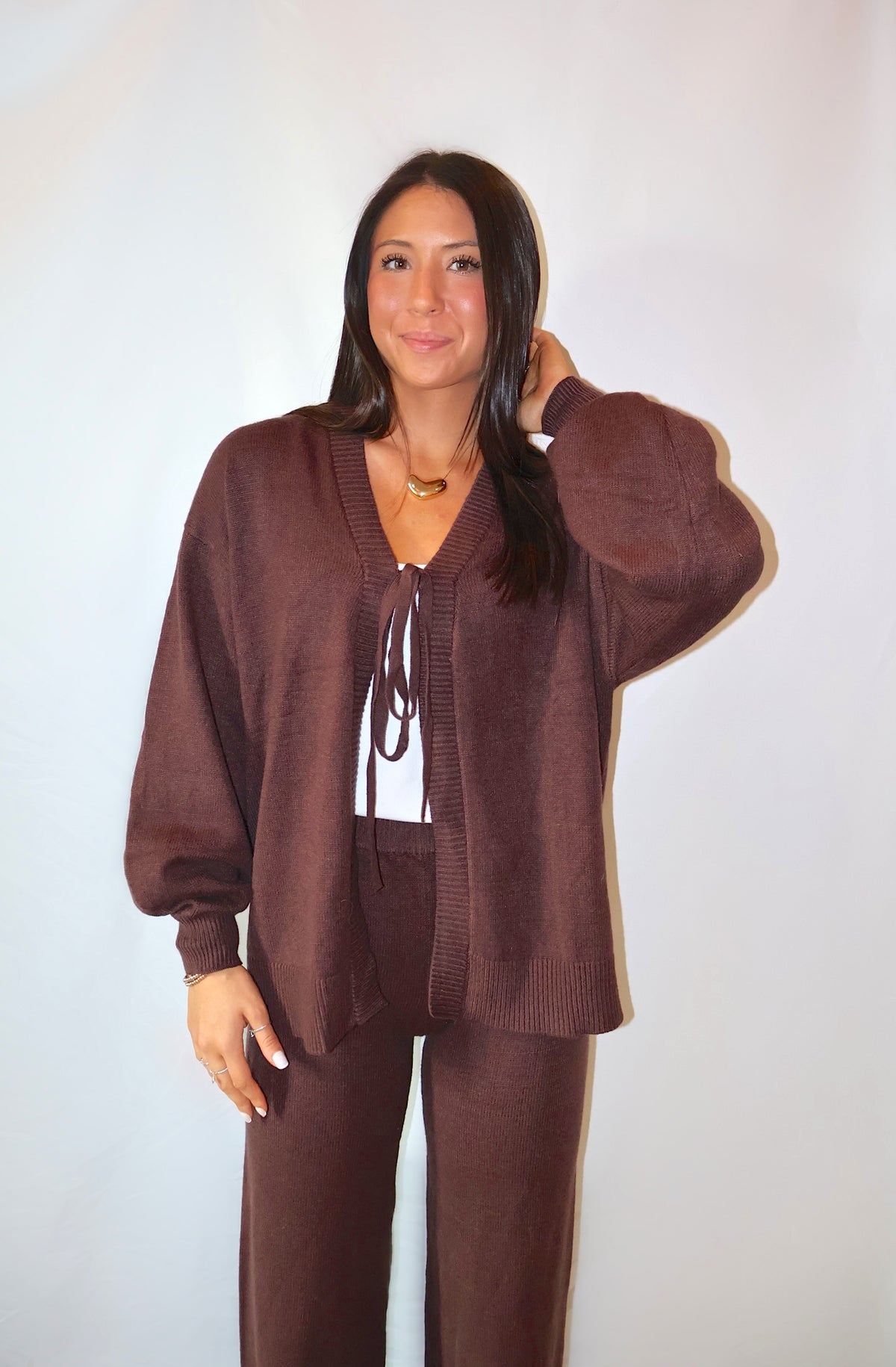Tie Front Knit Cardigan and Pants Matching Set