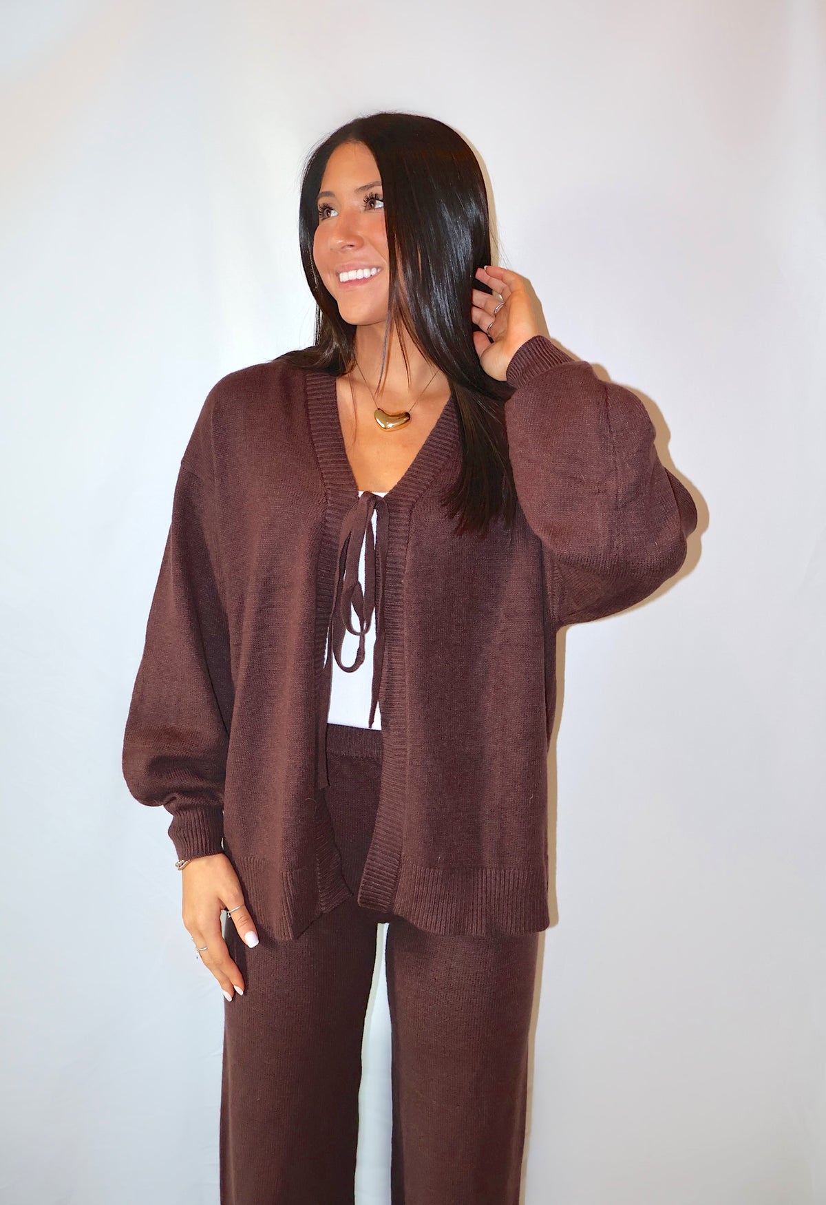 Tie Front Knit Cardigan and Pants Matching Set