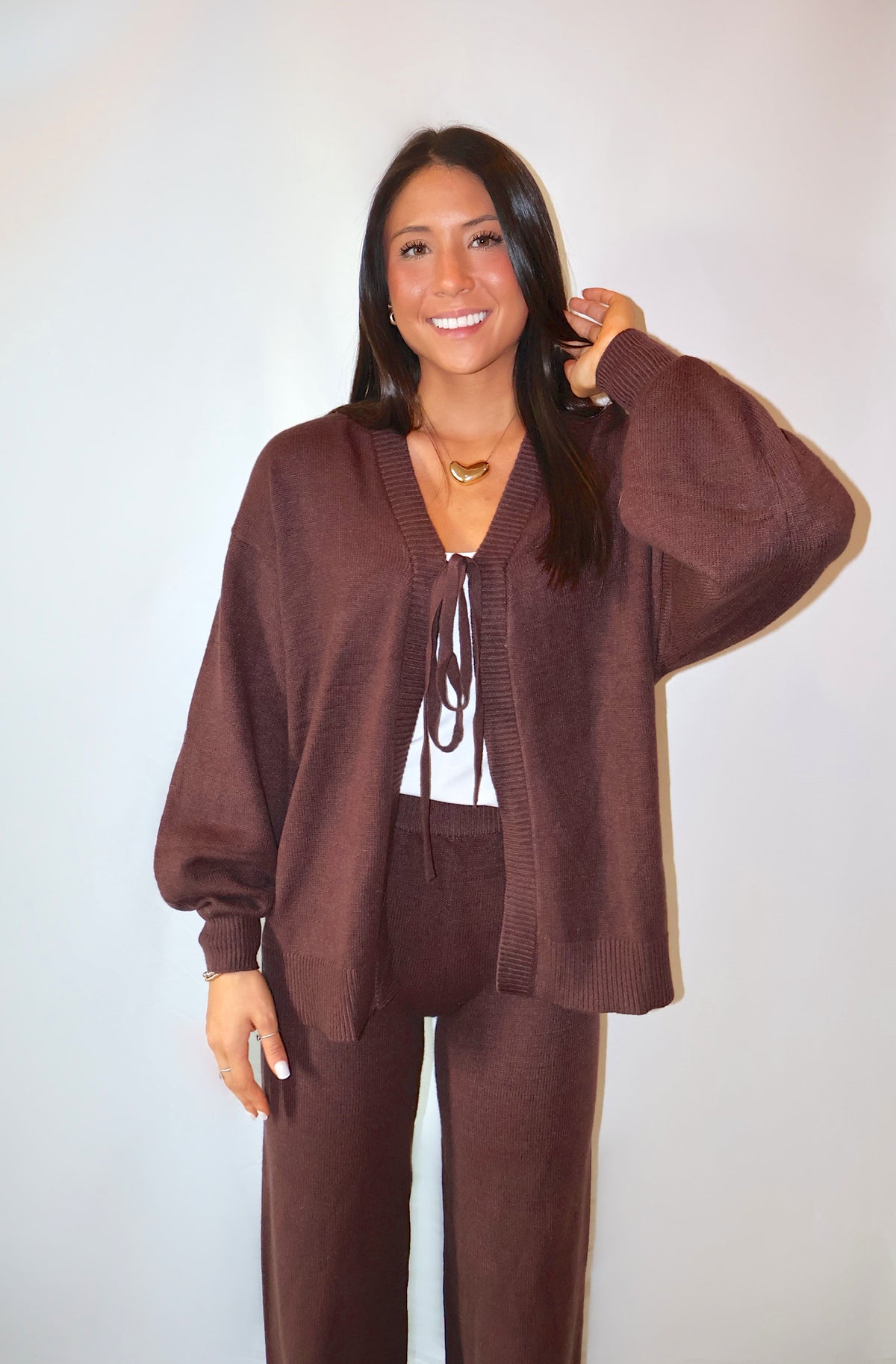 Tie Front Knit Cardigan and Pants Matching Set