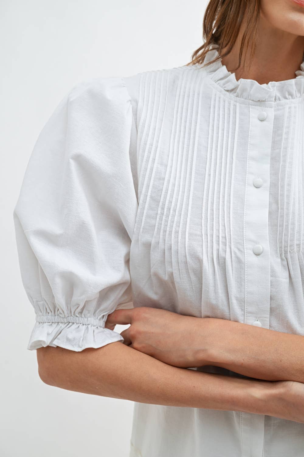 White Linen Pleated Puff Sleeve Blouse RT206