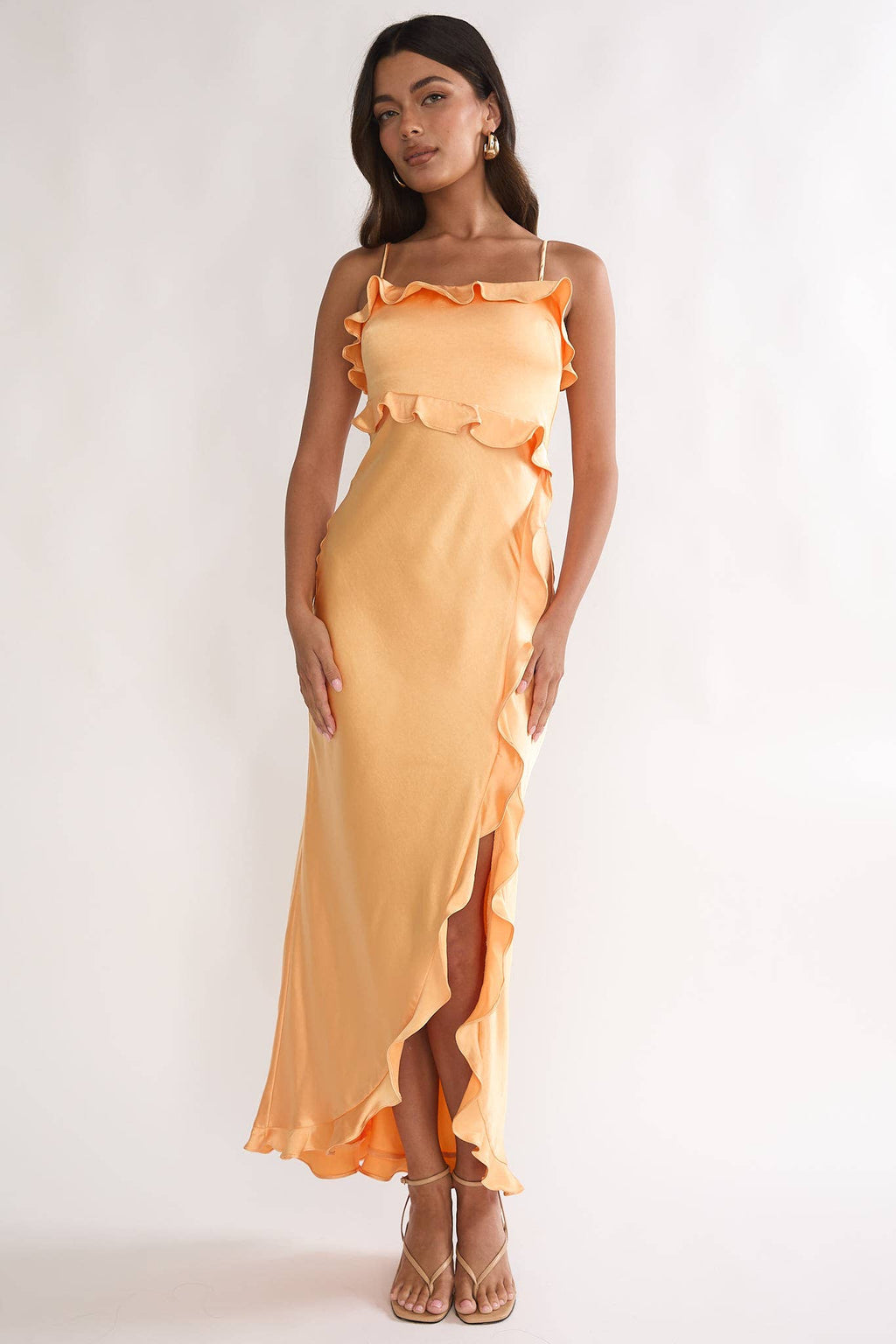 The Sunset Satin Ruffle Maxi Dress