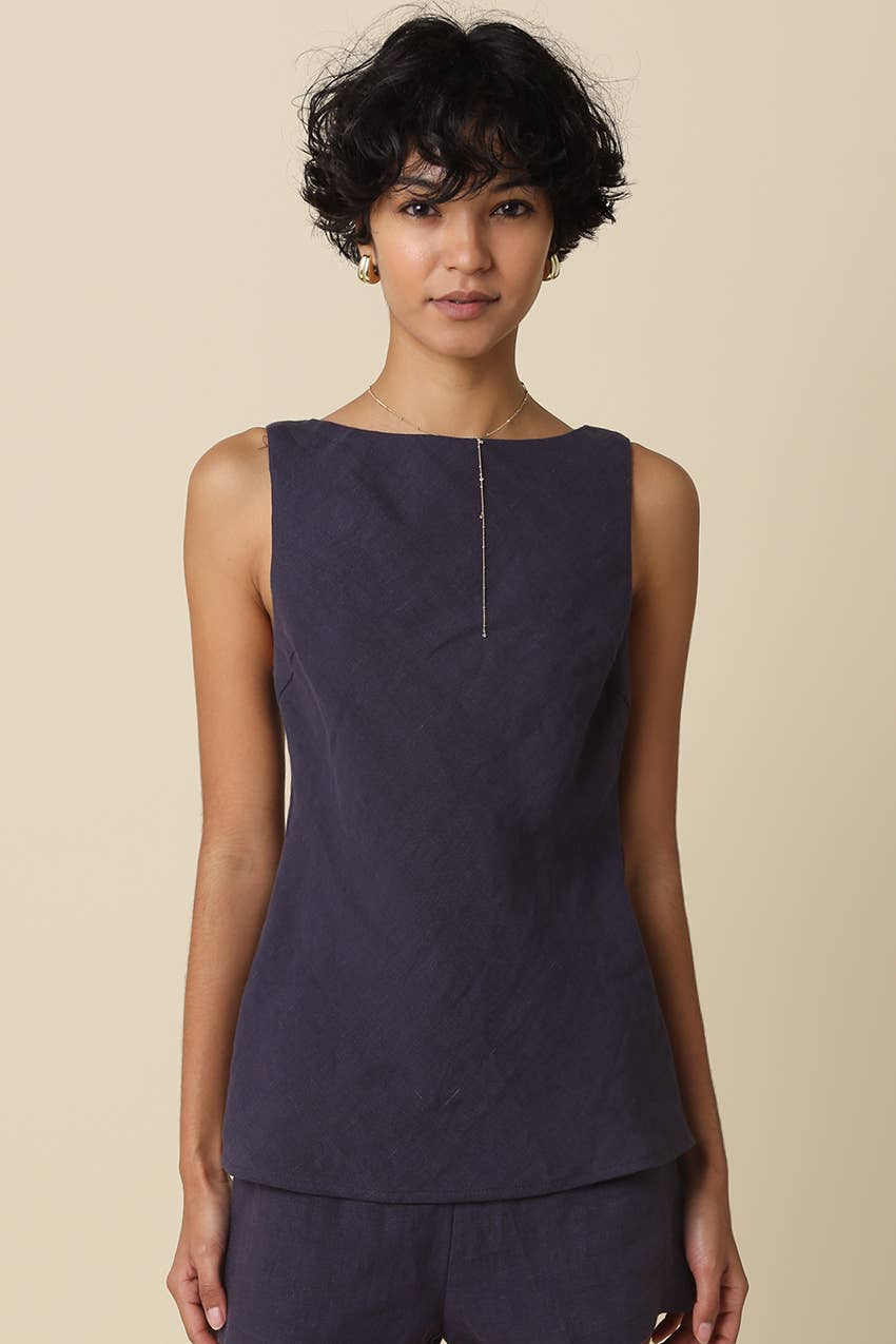 The Navy Linen Sleeveless Top