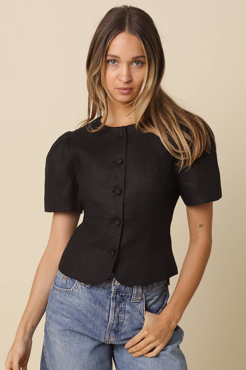 The Natalie Puff-Sleeve Button-Front Blouse - Black