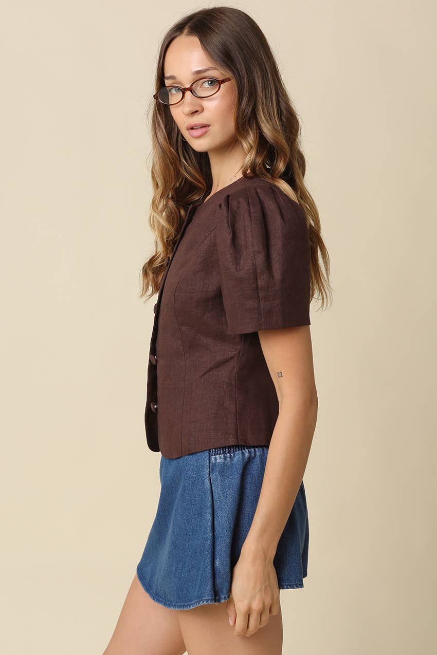 The Natalie Puff-Sleeve Button-Front Blouse - Brown