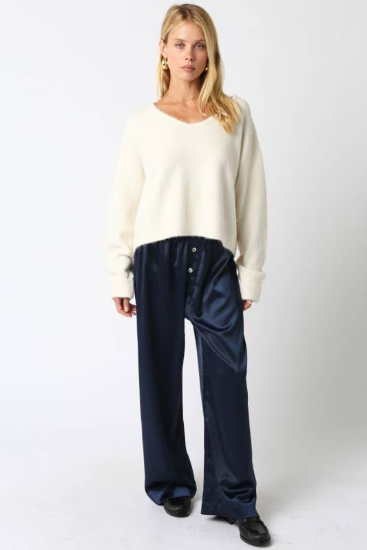 The Evelyn Satin Wide-Leg Pants - Navy
