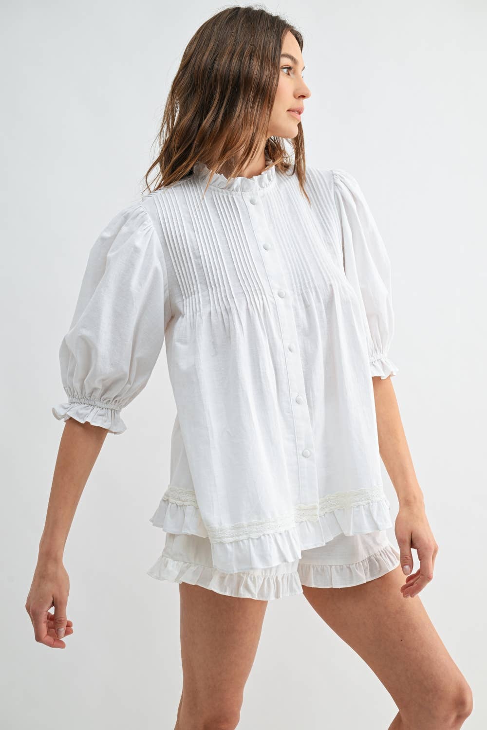 White Linen Pleated Puff Sleeve Blouse RT206