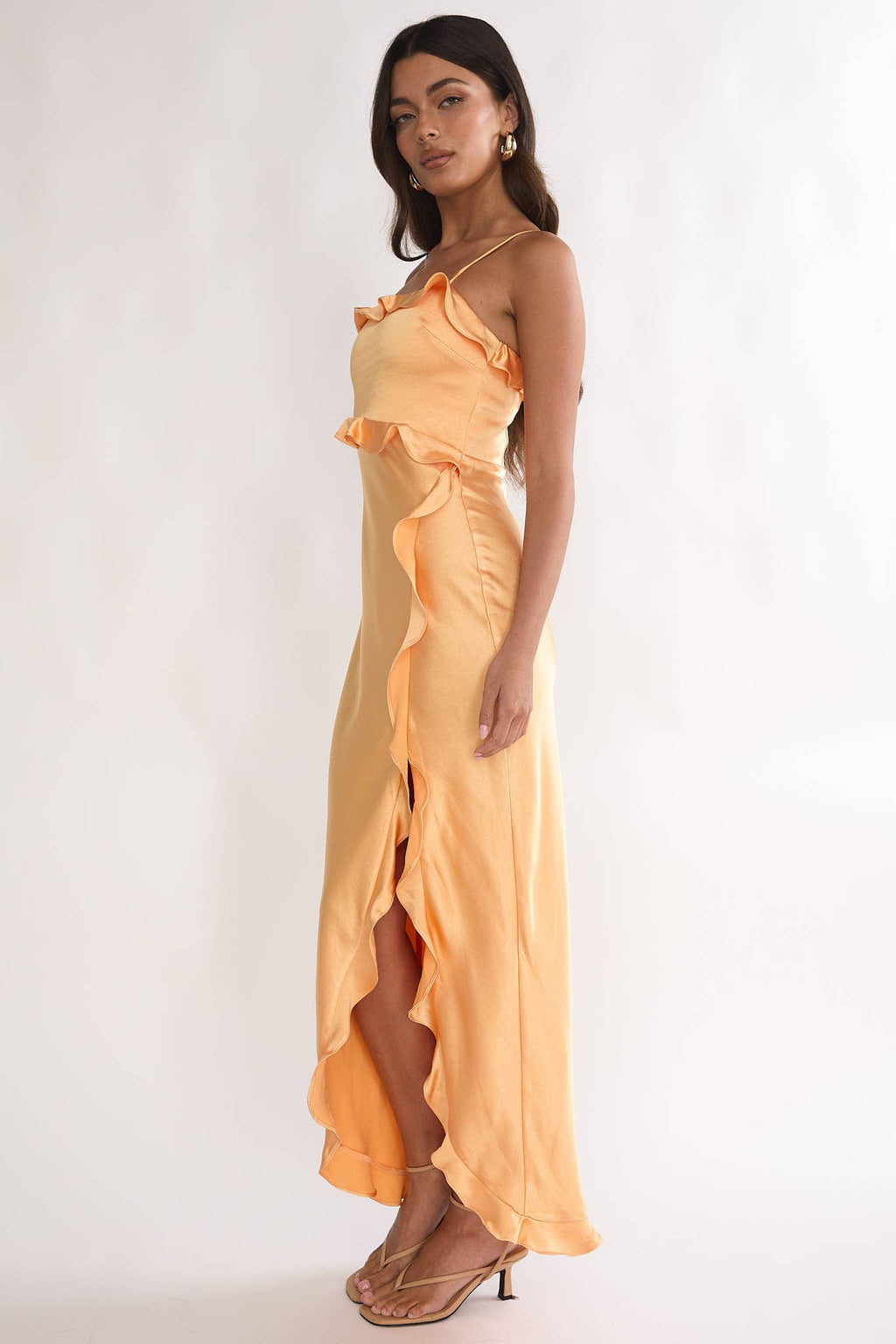The Sunset Satin Ruffle Maxi Dress