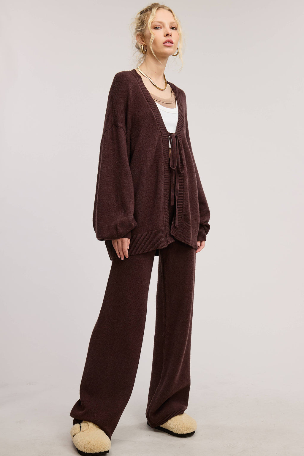 Tie Front Knit Cardigan and Pants Matching Set