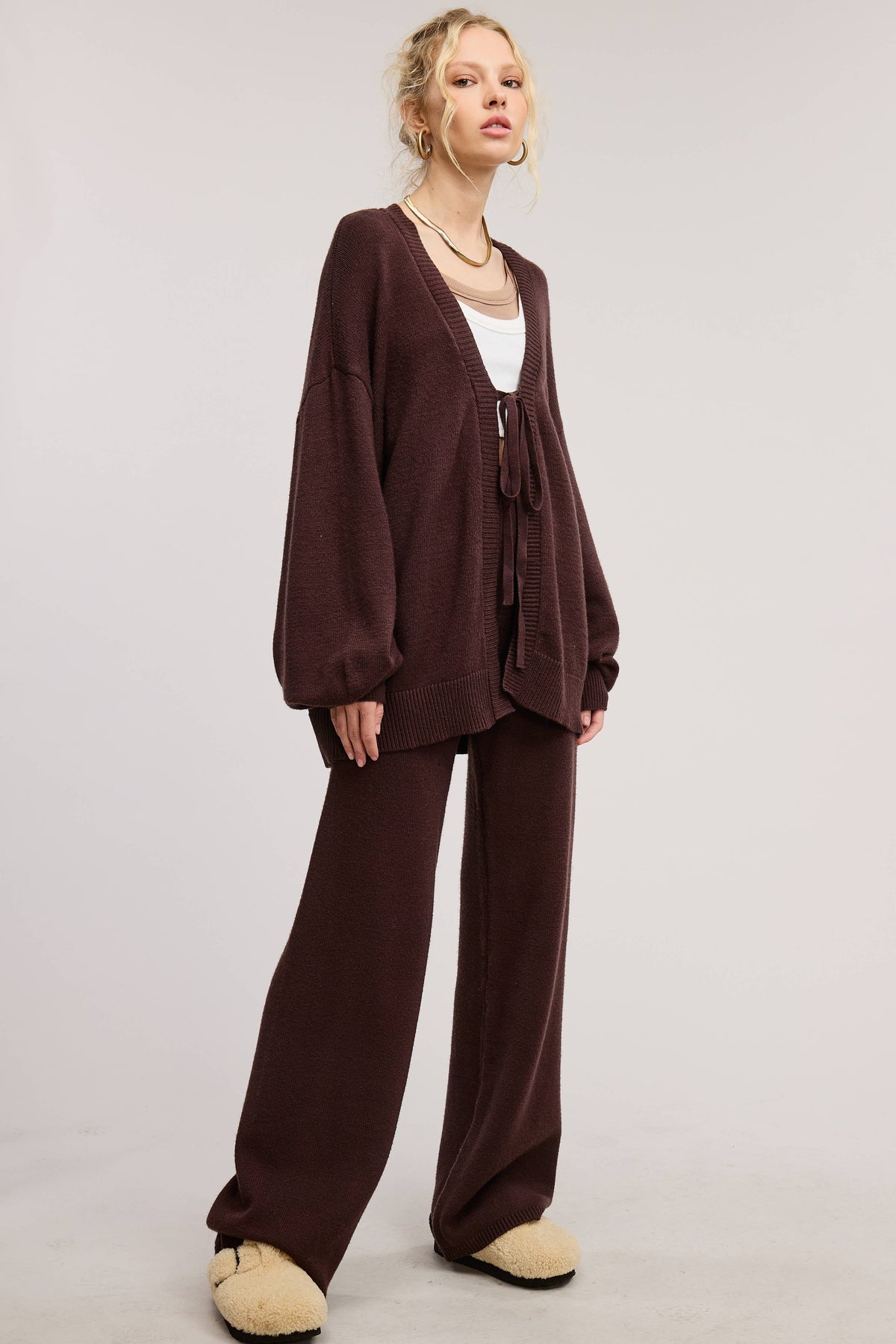 Tie Front Knit Cardigan and Pants Matching Set