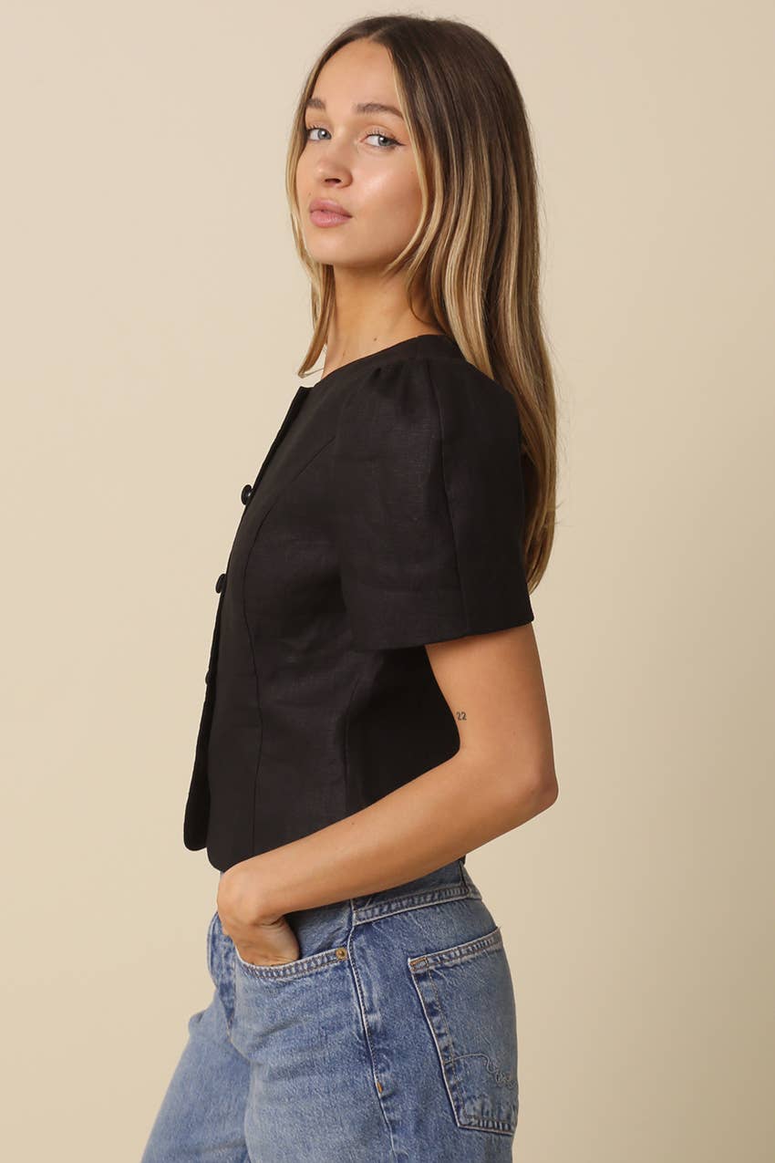 The Natalie Puff-Sleeve Button-Front Blouse - Black
