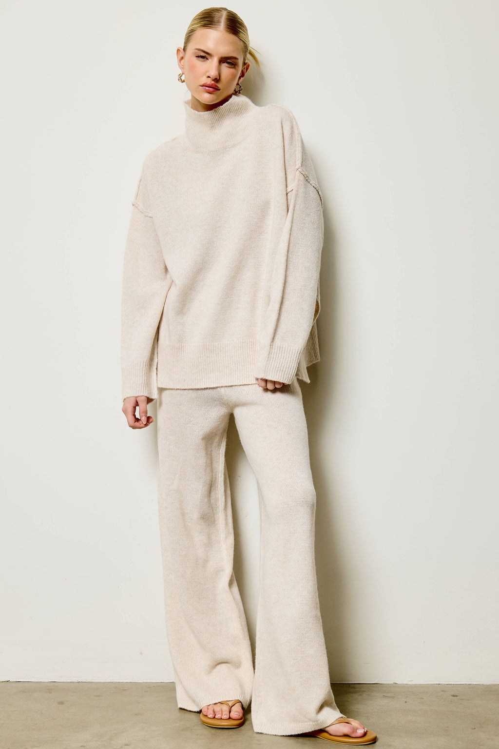 Mock Neck Side Slit Knit Sweater and Pants Set